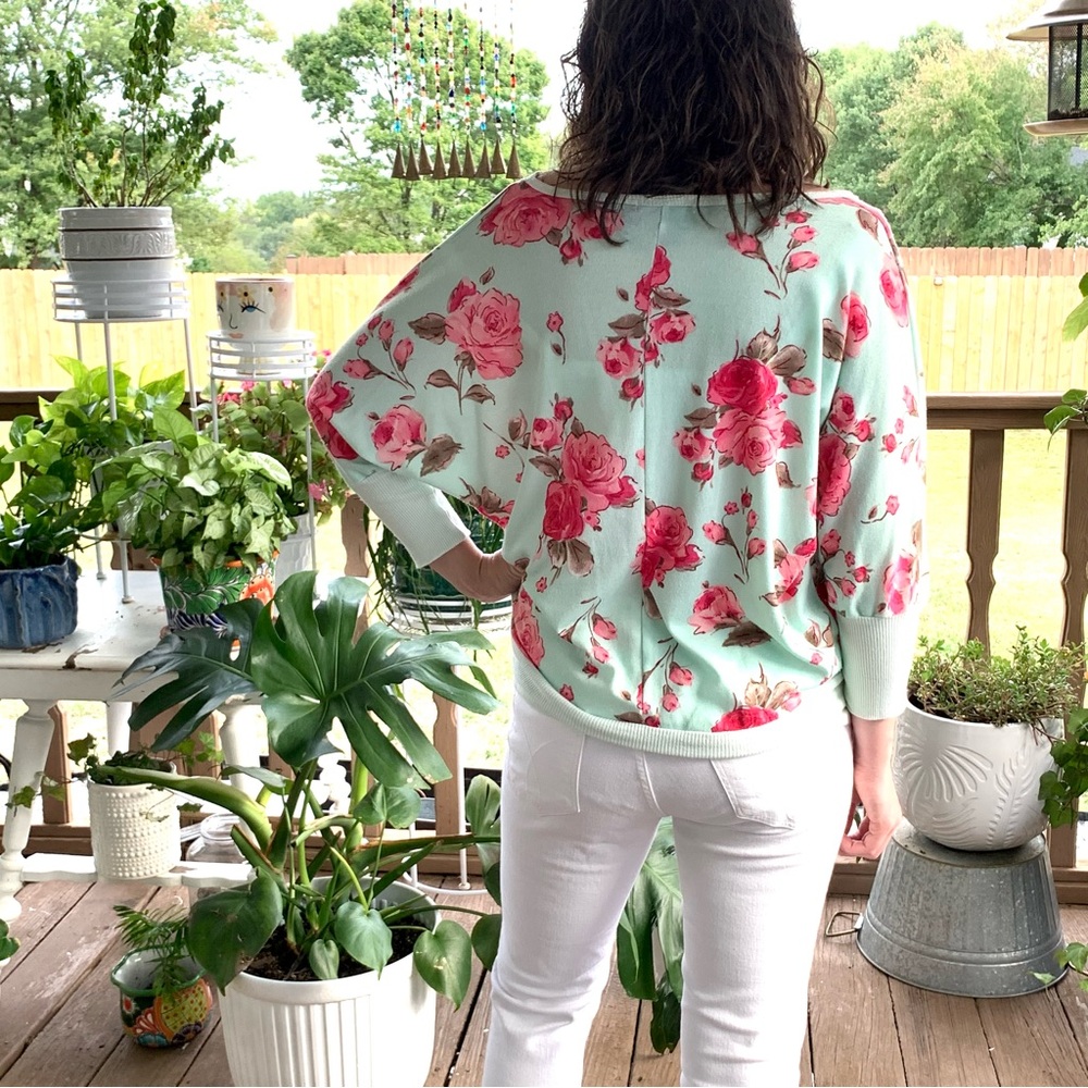 Sea Foam Green & Roses Lightweight Knit Top - Picture 3 of 8